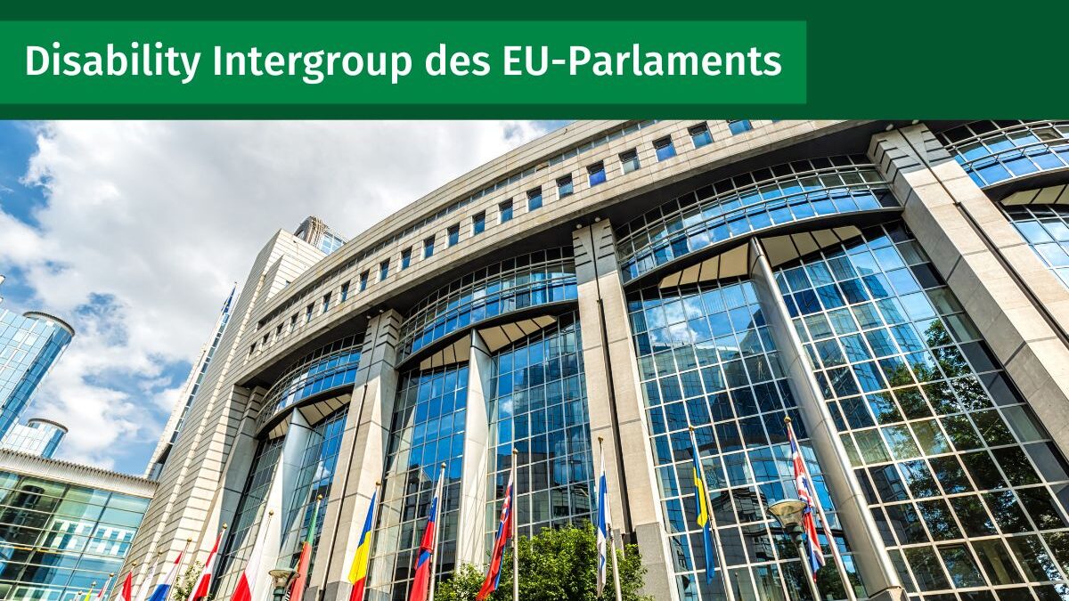 Außenansicht Europäisches Parlament, Text: Disability Intergroup des EU-Parlaments