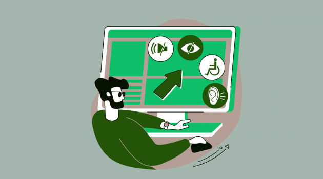 Symbolbild Accessibility: Illustration: Mann vor Computer mit Symbolen für Lautsprecher, Auge, Rollstuhl und Ohr