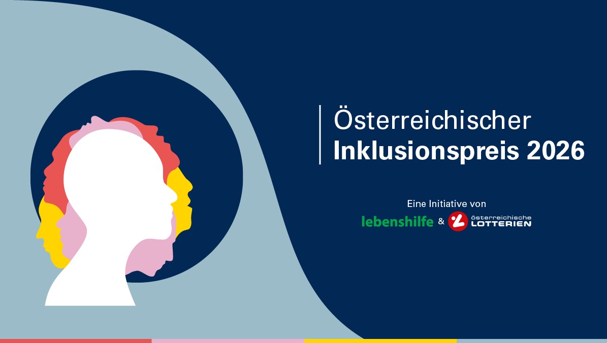 Grafik zum Österreichischen Inklusionspreis 2026 mit stilisierten Profilköpfen und den Logos von Lebenshilfe und Österreichischen Lotterien.