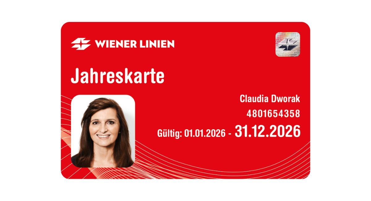 WIENER LINIEN Jahreskarte mit Name und Foto von Claudia Dworak, einer Frau mittleren Alters mit braunen, langen Haaren