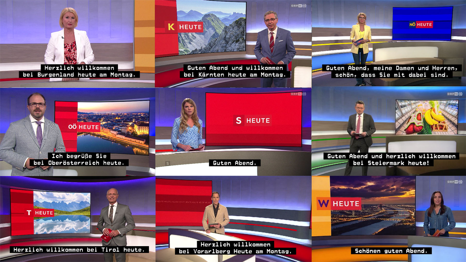 Collage aus 9 Fernsehschirmen mit Moderator*innen in ORF Landesstudios. Jedes Bild ist mit Untertiteln versehen. Beispiele: "Herzlich willkommen bei Burgenland heute am Montag" oder Guten Abend und willkommen bei Kärnten heute am Montag" oder "Guten Abend, meine Damen und Herren, schön, dass Sie mit dabei sind."