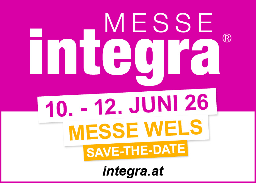 Plakat in lila mit weißer Schrift: Messe integra 2026. 10. – 12. Juni 26, Messe Wels"