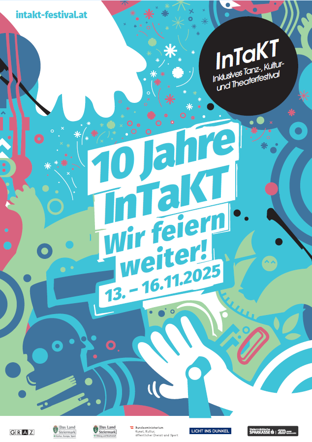 Sujet mit blau-türkisen Zeichnungen "10 Jahre InTaKT. Wir feiern weiter! 13. – 16.11.2025"