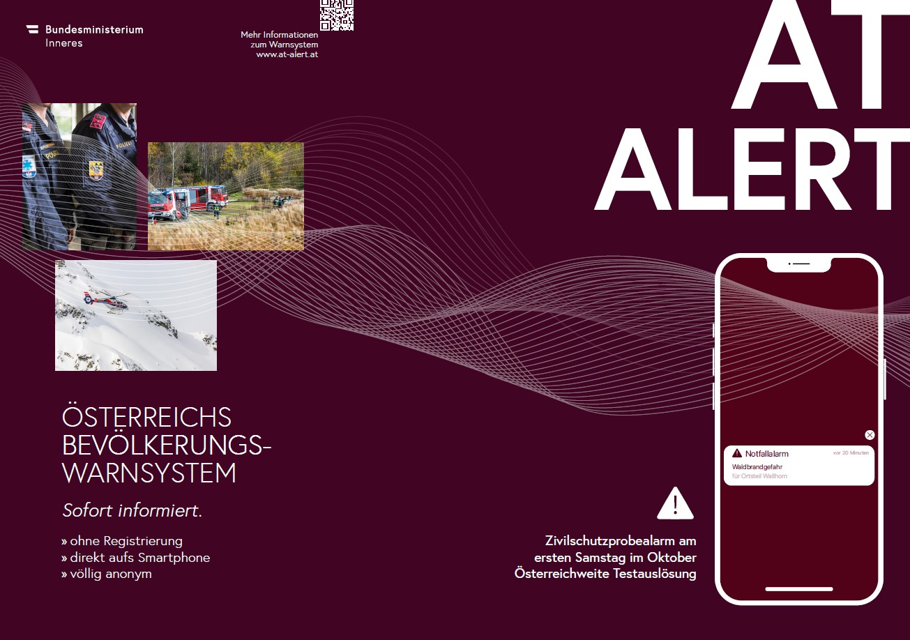 Werbeplakat für AT-Alert. Österreichs Bevölkerungs-Warnsystem auf lila Hintergrund. "Sofort informiert. Ohne Registrierung. Direkt aufs Smartphone. Völlig anonym. Zivilschutzprobealarm am ersten Samstag im Oktober. Österreichweite Testauslösung"