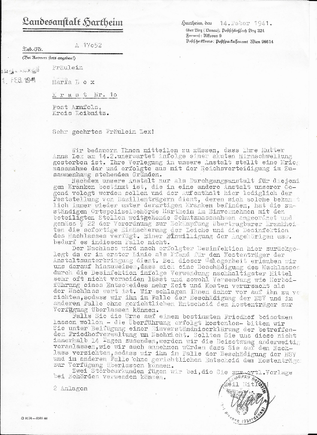 chwarz-weißes Typoskript aus dem Jahr 1941 mit dem Briefkopf „Landesanstalt Hartheim“. Der Brief informiert in bürokratischer Sprache über den angeblichen Tod von Anna Lex und steht exemplarisch für die Tarnsprache der nationalsozialistischen Euthanasieverbrechen.