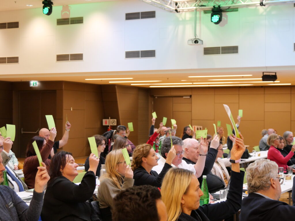Mehrere Personen sitzen in einem Veranstaltungssaal und heben gelbe Karten hoch.