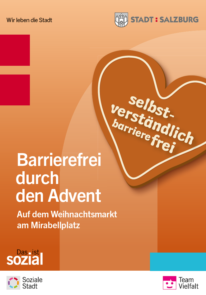 Flyer mit Text "Barrierefrei durch den Advent. Auf dem Weihnachtsmarkt am Mirabellplatz."