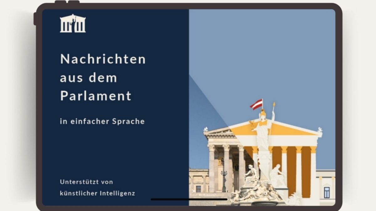 Tablet, auf dem Nachrichten aus dem Parlament in einfacher Sprache zu sehen sind