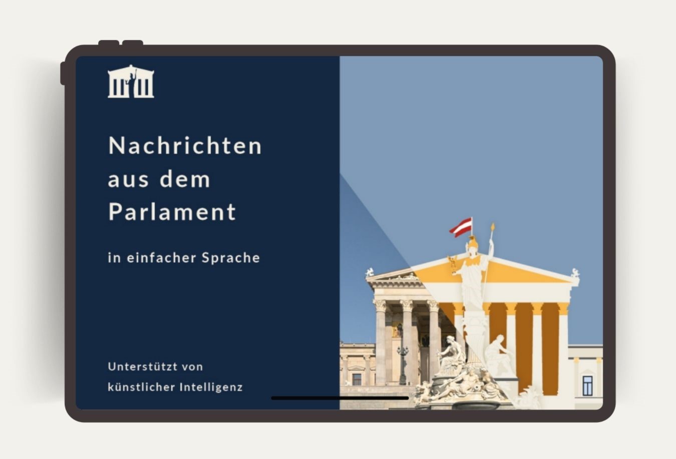 Tablet, auf dem Nachrichten aus dem Parlament in einfacher Sprache zu sehen sind