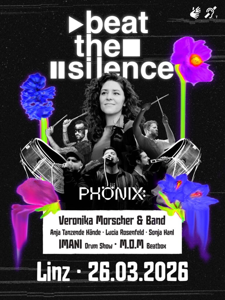 mehrere Musiker, darum herum Text "Veronika Morscher beat the silence. Linz 26.3.2026"