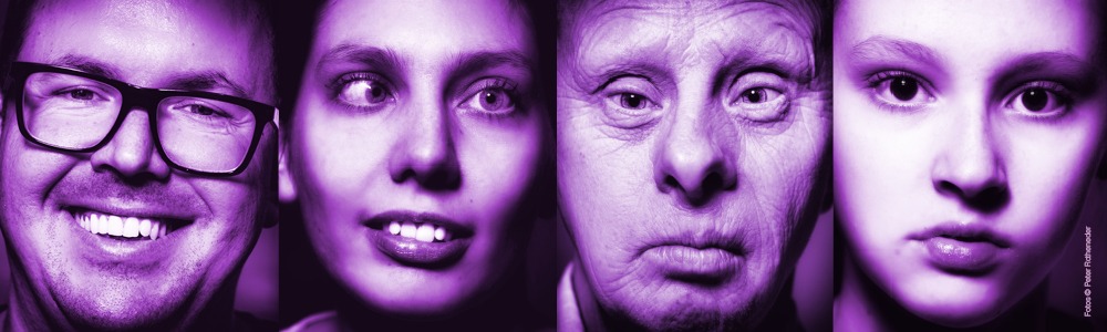 4 Portraits: 2 Frauen und 2 Männer in lila Farbtönen