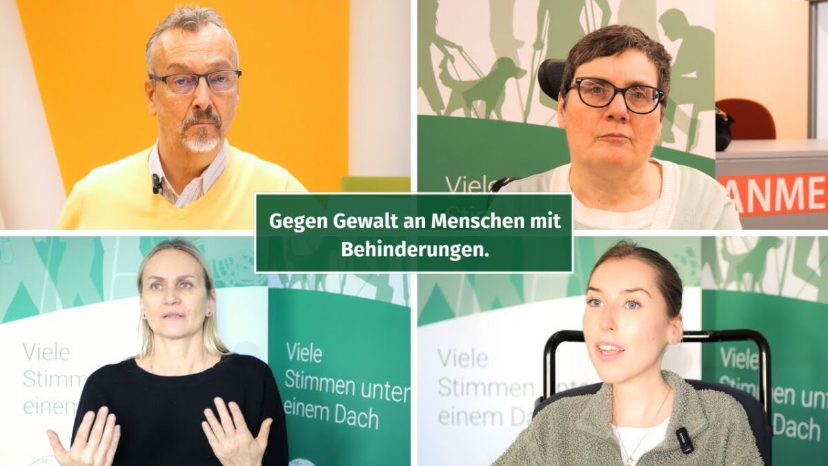 Collage aus 4 Portraits von einem Mann und 3 Frauen. Text "Gegen Gewalt an Menschen mit Behinderungen."