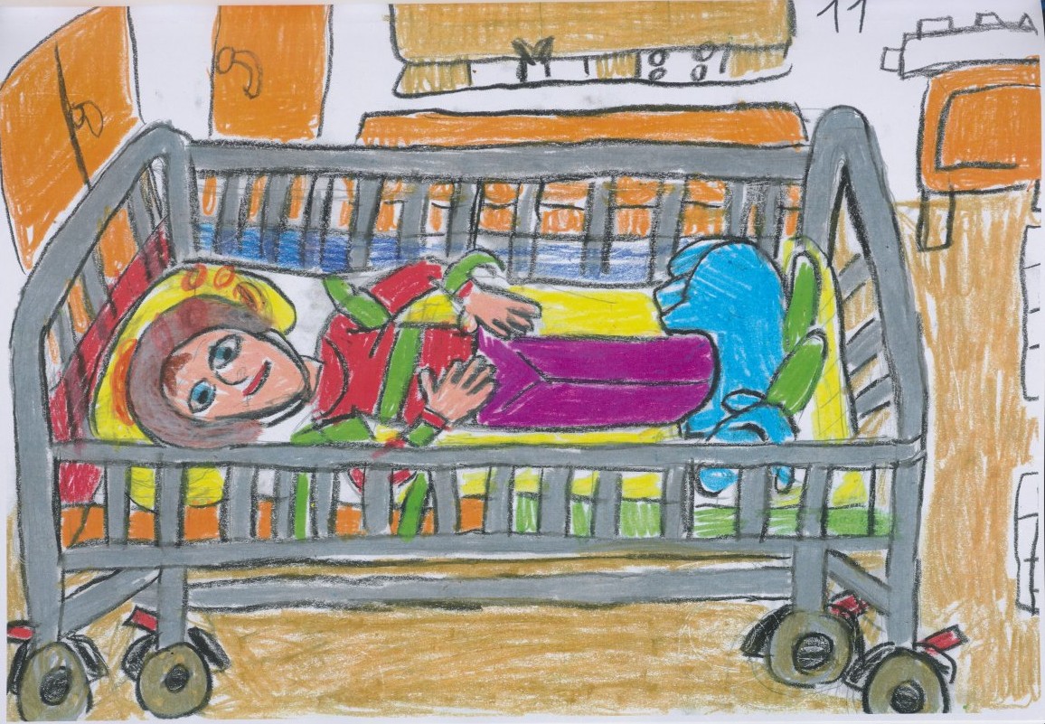 Zecihnung eines KIndes, das in einem viel zu kleinen Giterbett liegt