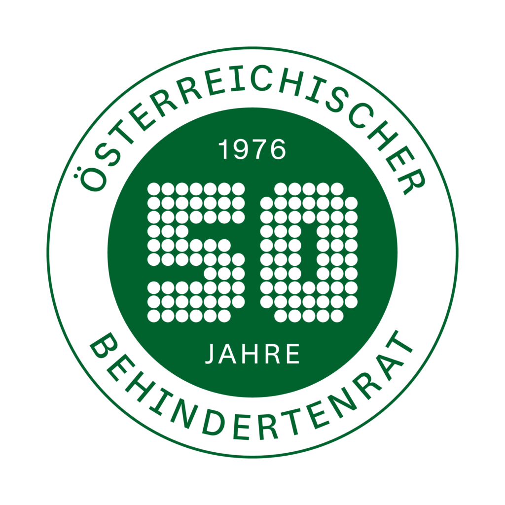 Logo 50 Jahre Österreichischer Behindertenrat; grüne Schrift auf weißem Hintergrund