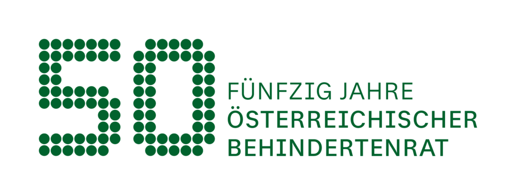 Logo 50 Jahre Österreichischer Behindertenrat, grüne Schrift auf weißem Hintergrund