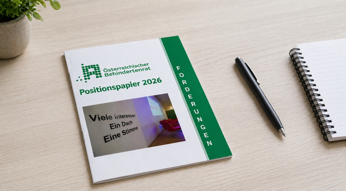 Positionspapier 2026 des Österreichischen Behindertenrats liegt schräg auf einem hellen Tisch, das Titelblatt mit Logo, grünem Seitenbalken ‚Forderungen‘ und Bildausschnitt ‚Viele Interessen – Ein Dach – Eine Stimme‘ ist gut sichtbar.