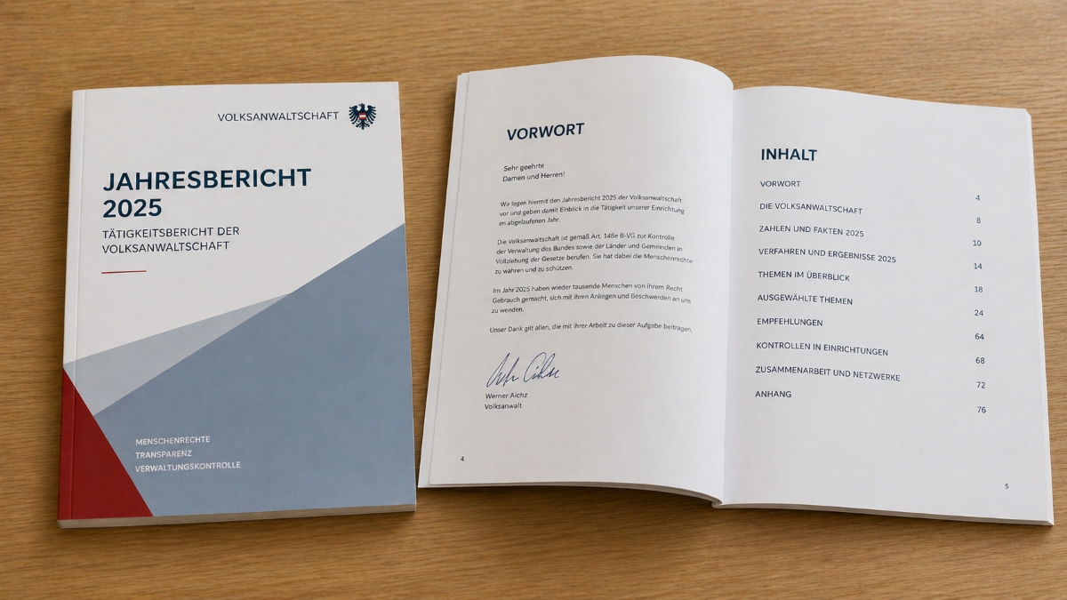 Auf einem Holztisch liegen der Jahresbericht 2025 der Volksanwaltschaft mit weißem Cover sowie ein geöffnetes Exemplar. Auf den Innenseiten sind Vorwort und Inhaltsverzeichnis zu sehen.