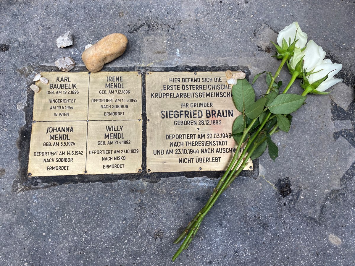 Messingfarbene Steine der Erinnerung im Gehsteig für Siegfried Braun und weitere Opfer des Nationalsozialismus. Auf den Tafeln stehen Namen sowie Informationen zu Deportation und Ermordung. Daneben liegen drei weiße Rosen.