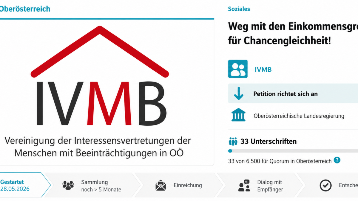 Petition „Weg mit den Einkommensgrenzen für Chancengleichheit!“ der IVMB in Oberösterreich mit 33 von 6.500 benötigten Unterschriften.