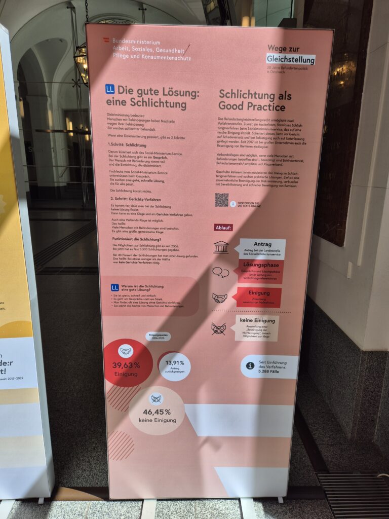 Rosafarbene Ausstellungstafel zum Schlichtungsverfahren mit Ablaufgrafik, Erläuterungen und Statistik zu Einigungen und Schlichtungsfällen.