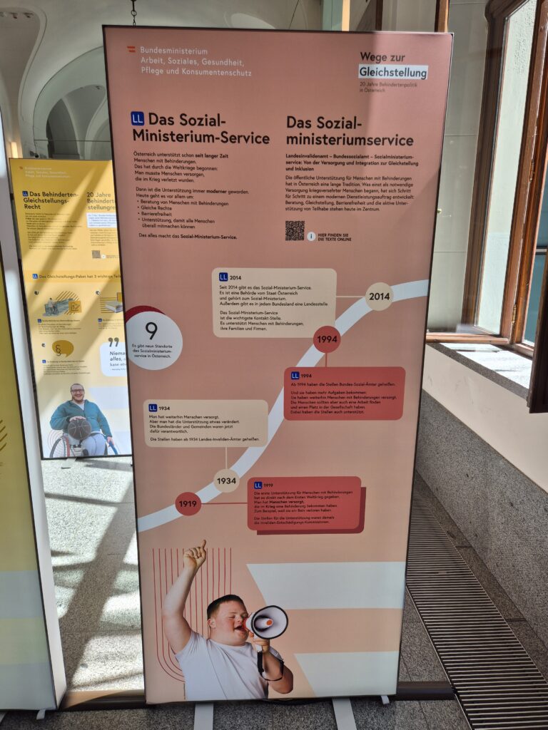 Rosafarbene Ausstellungstafel zur Geschichte des Sozialministeriumservice mit Zeitleiste von 1919 bis 2014 und Foto einer Person mit Megafon am unteren Rand.