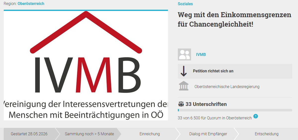 Petition „Weg mit den Einkommensgrenzen für Chancengleichheit!“ der IVMB in Oberösterreich mit 33 von 6.500 benötigten Unterschriften.