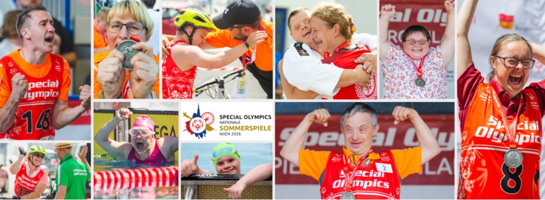 Collage zur Bewerbung der Nationalen Sommerspiele Wien 2026 von Special Olympics Österreich. Mehrere Athlet*innen mit Lernschwierigkeiten freuen sich über ihre sportlichen Erfolge, präsentieren Medaillen, umarmen Betreuer*innen oder feiern jubelnd. Zu sehen sind unter anderem Bewerbe im Radsport und Schwimmen sowie das Logo der Nationalen Sommerspiele Wien 2026.