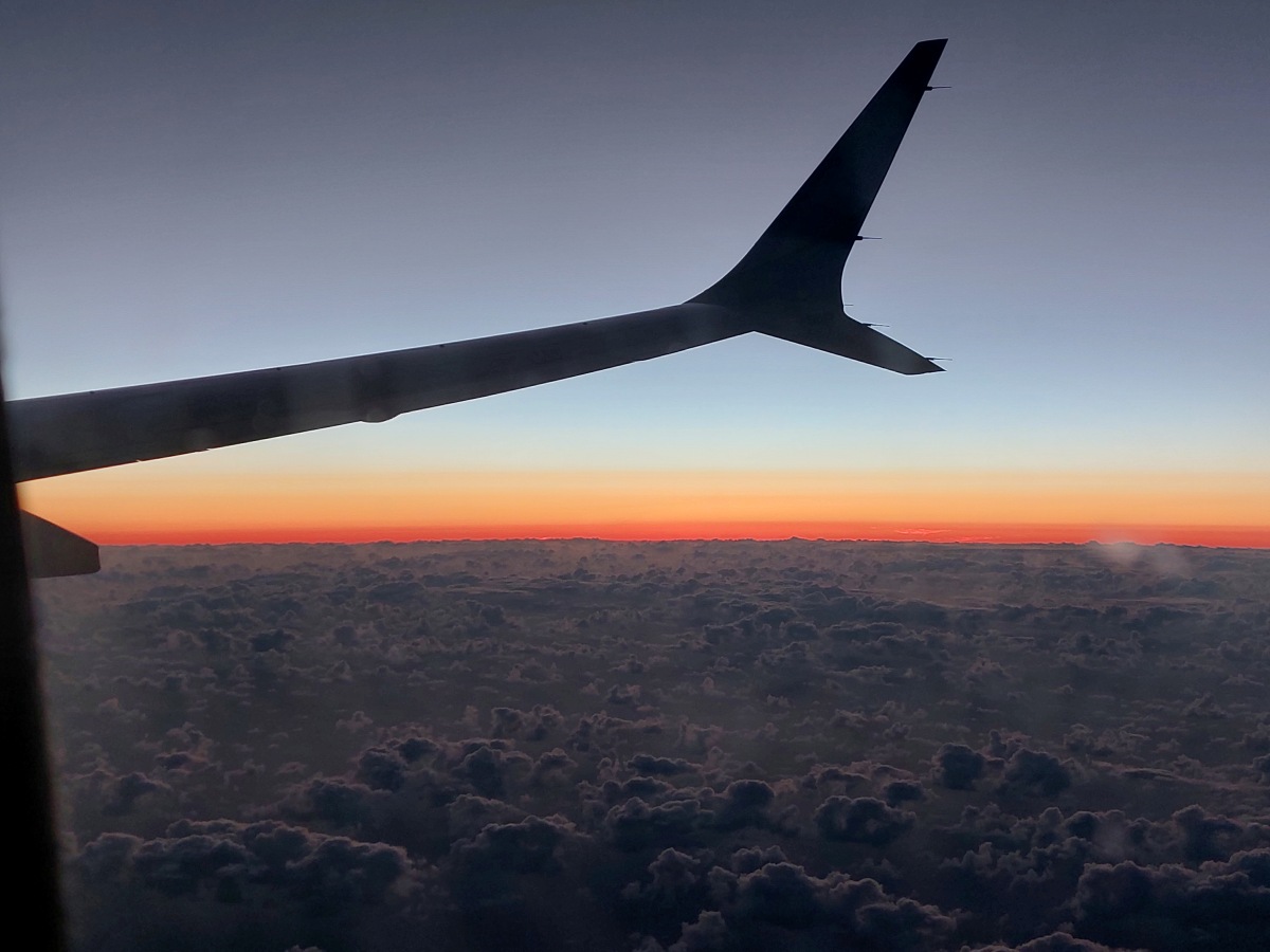 Flugzeugtragfläche über einem Wolkenbedeckten Himmel