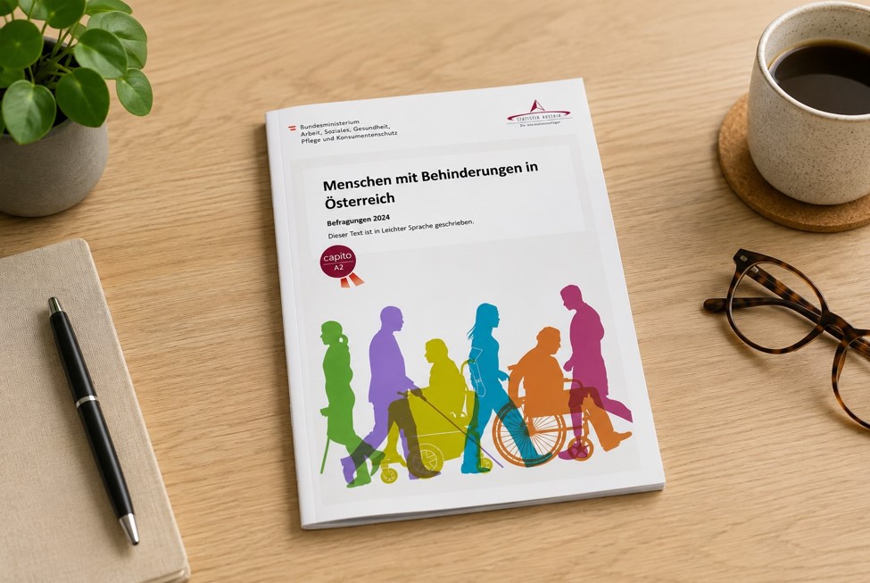 Die Broschüre „Menschen mit Behinderungen in Österreich – Befragungen 2024“ in Leichter Sprache liegt auf einem hellen Holzschreibtisch. Daneben befinden sich eine Kaffeetasse, eine Brille, ein Notizbuch mit Stift und eine Zimmerpflanze.