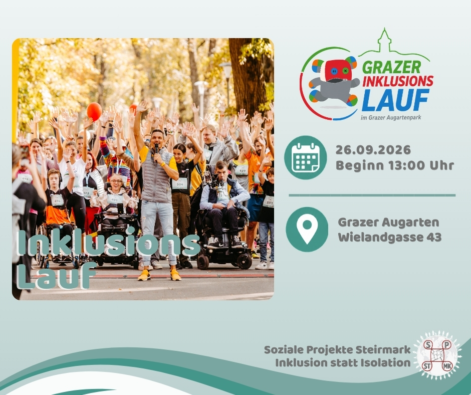6. Grazer Inklusionslauf am 26. September 2026 im Grazer Augarten. Zu sehen sind viele Teilnehmer, darunter Menschen im Rollstuhl.