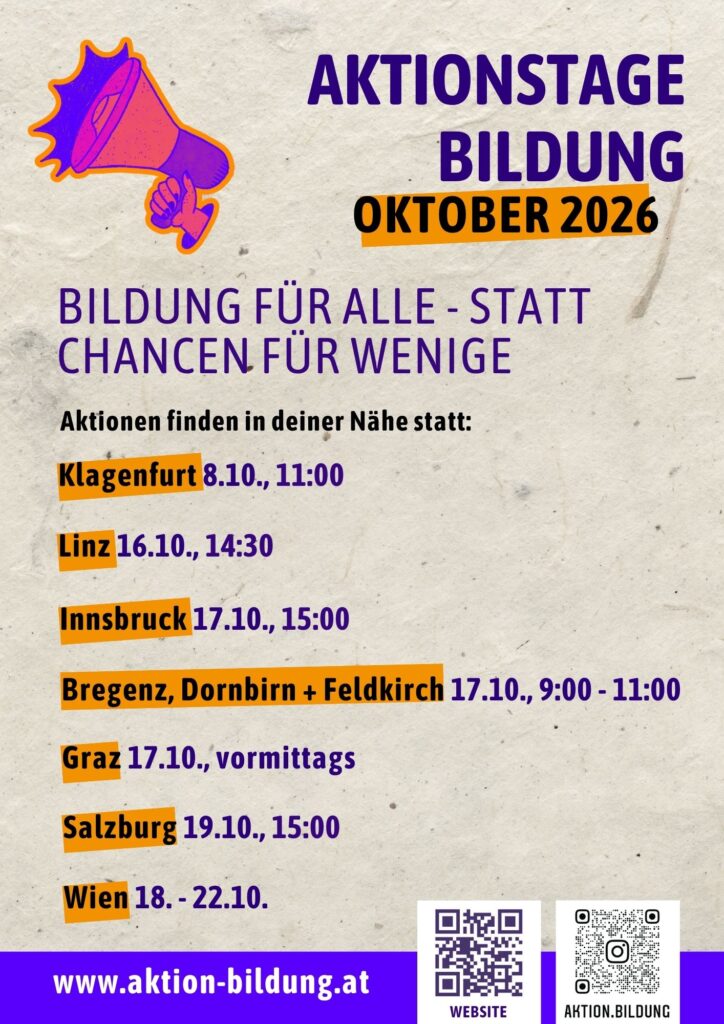 Plakat zu den Aktionstagen Bildung im Oktober 2026 unter dem Motto „Bildung für alle – statt Chancen für wenige“. Aktionen finden in Klagenfurt, Linz, Innsbruck, Bregenz, Dornbirn, Feldkirch, Graz, Salzburg und Wien statt. Termine und weitere Informationen unter aktion-bildung.at.