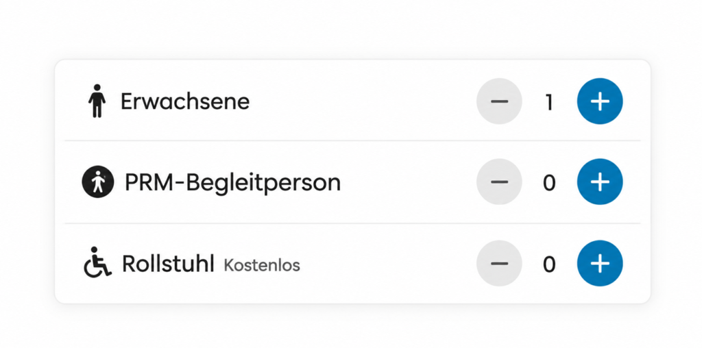 Dialog im Westbahn-Buchungsprozess mit dem Hinweis, dass Personen mit eingeschränkter Mobilität eine Begleitperson kostenlos mitnehmen können.