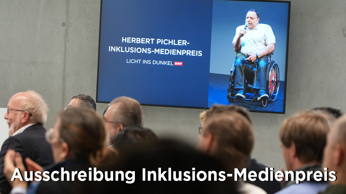 An Wand projiziertes Bild von Herbert Piuchler, Text "LIcht ins Dunkel. Ausschreibung Inklusions-Medienpreis". Davor ist sitzendes Publikum zu sehen.