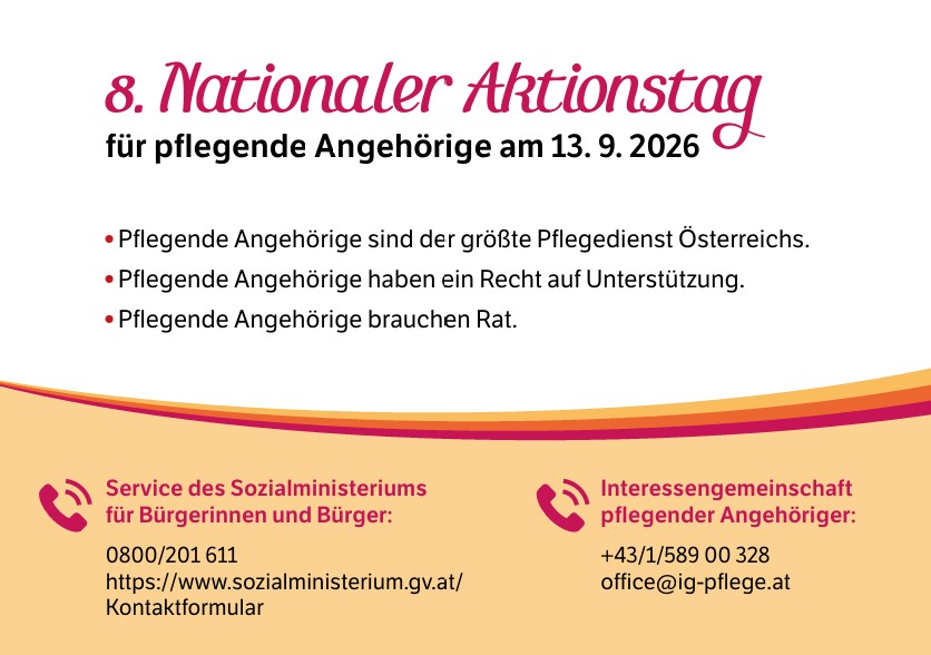 Grafik zum 8. Nationalen Aktionstag mit Hinweisen auf Unterstützung und Kontaktdaten für pflegende Angehörige.