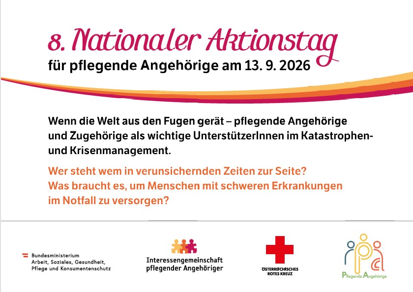 Grafik zum 8. Nationalen Aktionstag für pflegende Angehörige am 13. September 2026 mit Schwerpunkt Krisen- und Katastrophenmanagement.