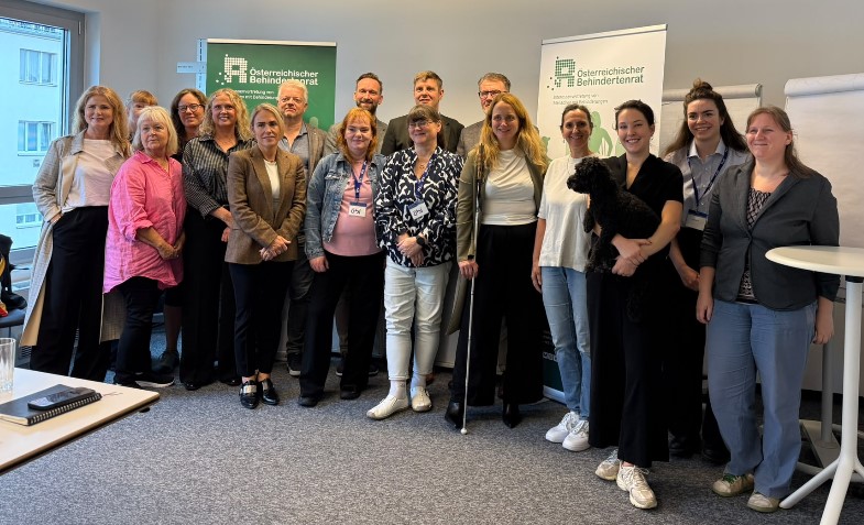 13 Vertreter*innen von ÖBÍ réttindasamtök und 3 Vertreterinnen des Österreichischen Behindertenrats stehen im Büro des Austrian Disability Council zu einem Gruppenbild zusammen.