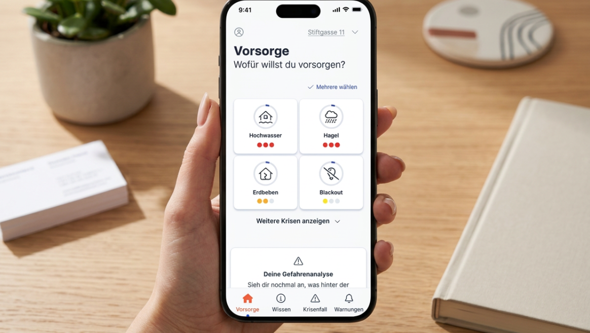 Weibliche Hand liegt auf einem Tisch und hält ein Mobiltelefon in der Hand, auf der die Ziva-App zu sehen ist