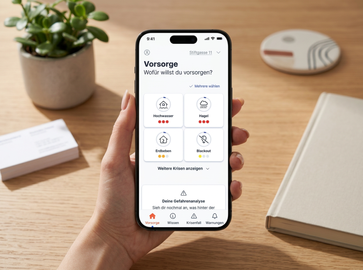 Weibliche Hand liegt auf einem Tisch und hält ein Mobiltelefon in der Hand, auf der die Ziva-App zu sehen ist