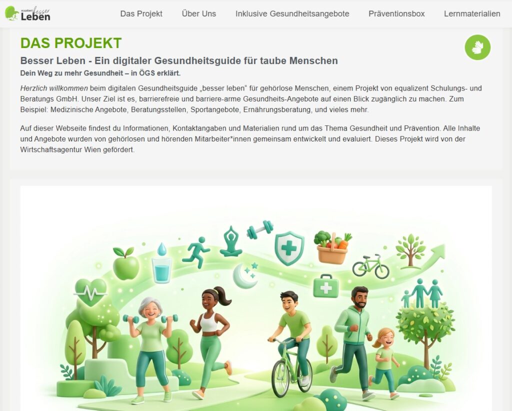 Screenshot der Website „Besser Leben“ mit Informationen zum digitalen Gesundheitsguide für gehörlose Menschen sowie den Bereichen inklusive Gesundheitsangebote, Präventionsbox und Lernmaterialien.