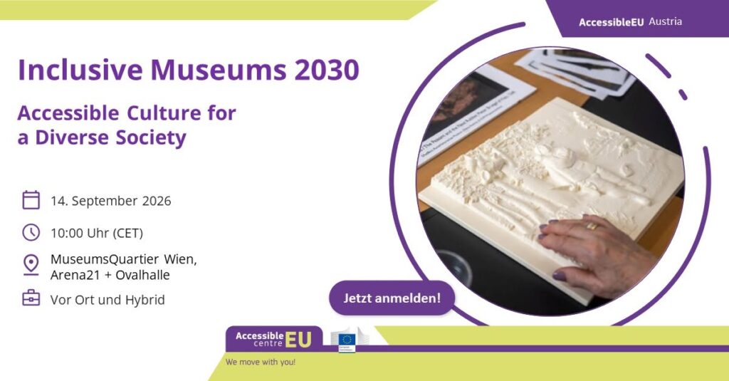 Info-Flyer zum AccesibleEU Austria Event "Inclusive Museums 20230 - Accessible Culture for a Diverse Society"