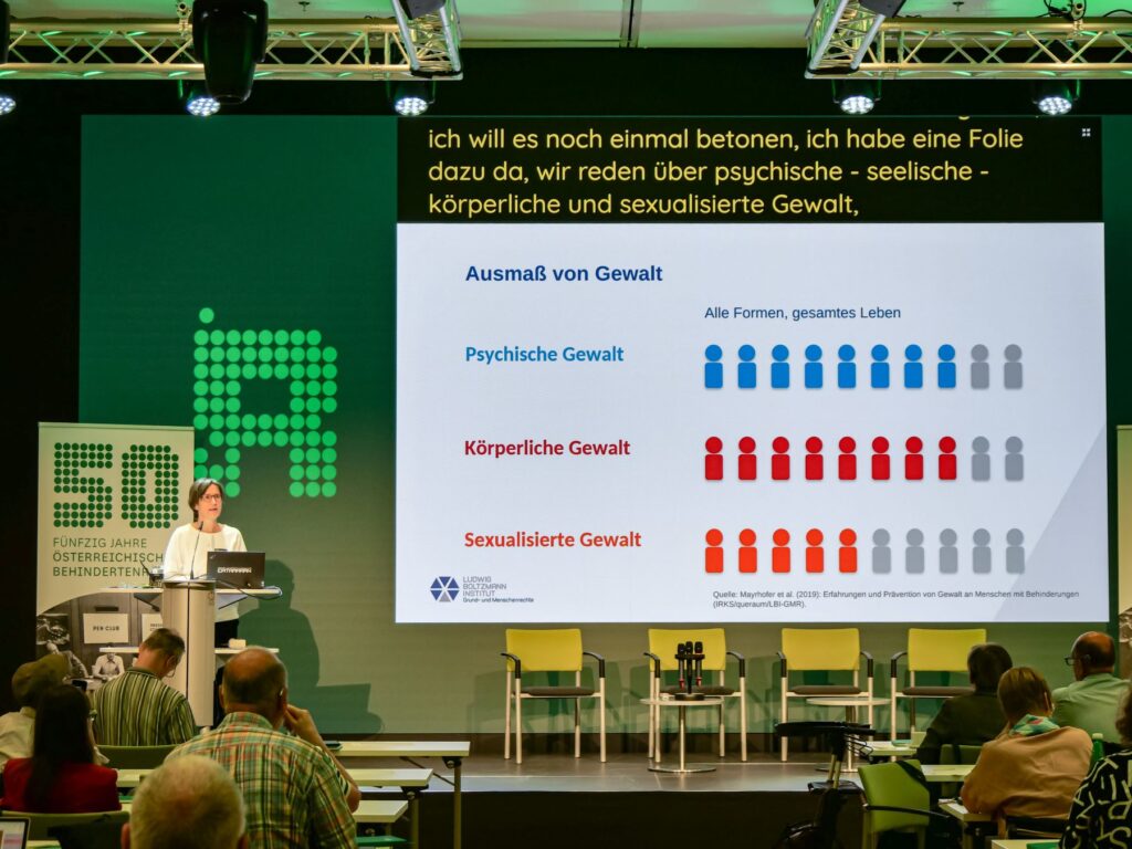 Sabine Mandl hält bei der Fachkonferenz des Österreichischen Behindertenrats 2026 einen Vortrag zum Thema „Gewaltfrei leben – ein Menschenrecht“. Sie steht am Rednerpult, hinter ihr ist die Präsentationsfolie zu sehen.