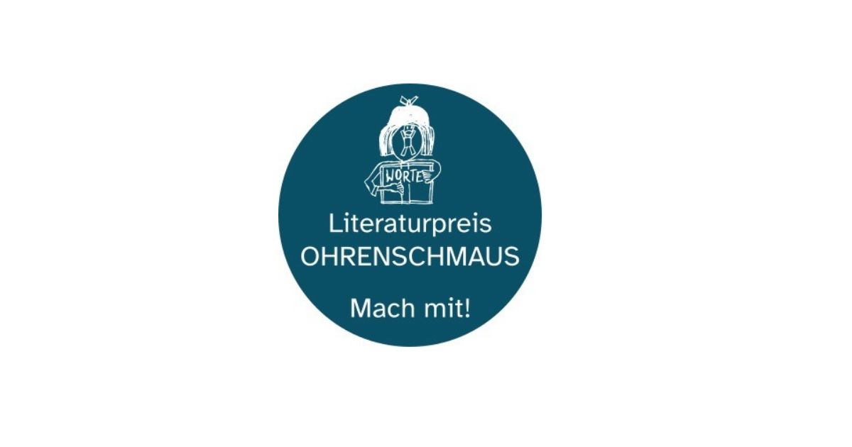 rundes, blaues Logo "Literaturpreis Ohrenschmaus. Jetzt mitmachen!"
